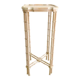 Vintage Wooden Carved Faux Bamboo Square Scalloped Pedestal For Sale