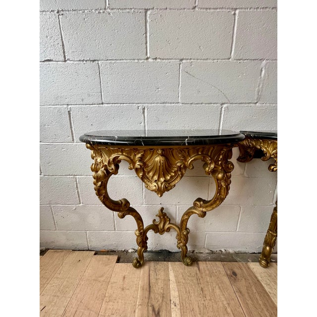 Pair Italian Rococo Revival Giltwood Wall Consoles With Black Marble Tops For Sale - Image 9 of 10