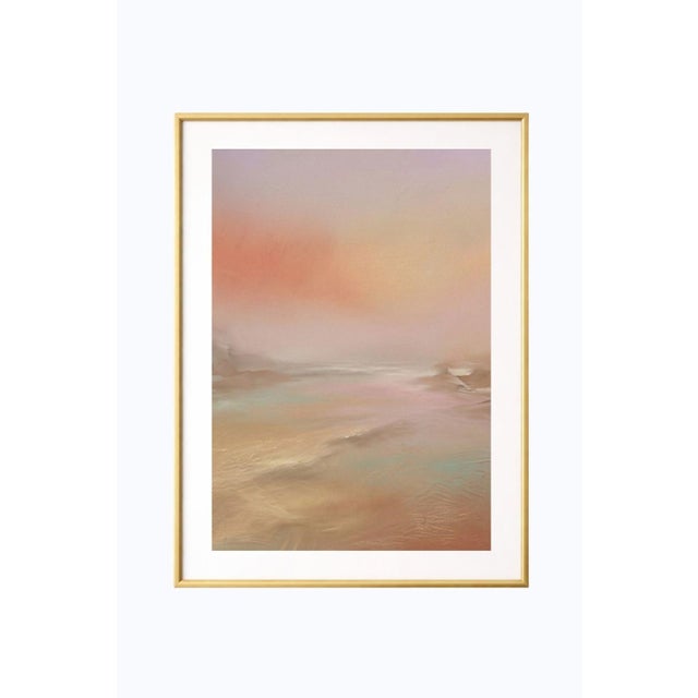Abstract coastal sunset wall art featuring a soft beach seascape with blended pastel tones, glowing horizon light, and...