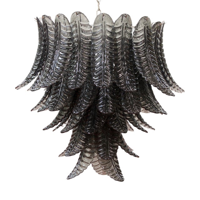 Large Suspension Chandelier with Gray Murano Glass Leaves, 1990s For Sale