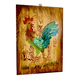 1970s Mid-Century Farmhouse Chic Original Acrylic Painting, Chicken on Pine Wood For Sale