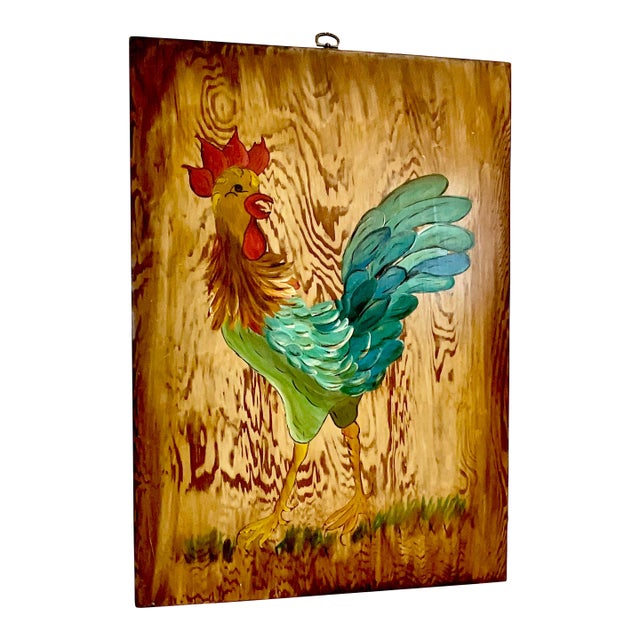 1970s Mid-Century Farmhouse Chic Original Acrylic Painting, Chicken on Pine Wood For Sale
