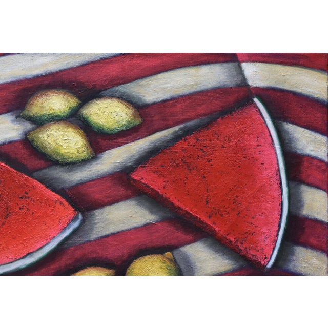 Vintage Patriotic Modernist Summer Still Life Painting With Watermelon, Lemons, and American Flag For Sale - Image 4 of 6
