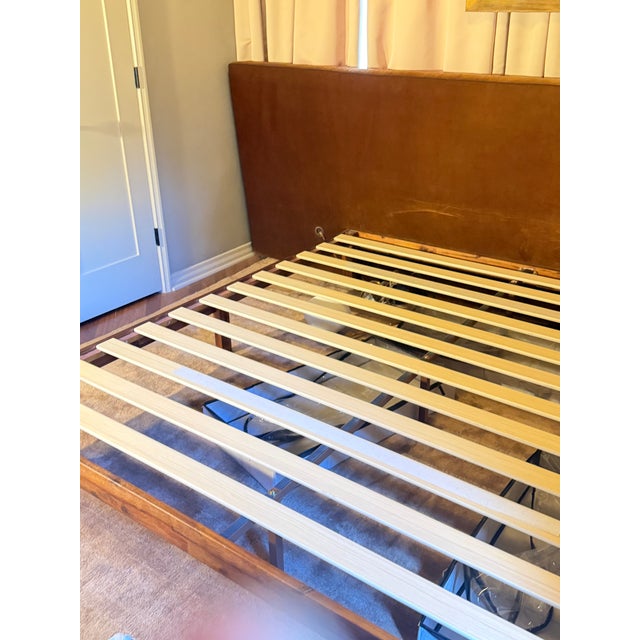 Wood Custom Wall to Wall Velvet Headboard and Walnut King Sized Bed Frame For Sale - Image 7 of 13