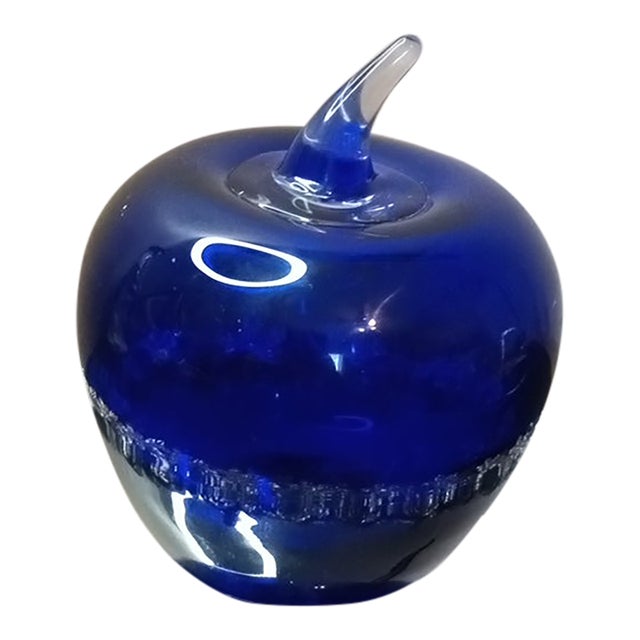 Gorgeous Signed Blenko Cobalt Blue Art Glass Apple Paperweight For Sale