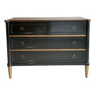 Late 20th Century Baker Black & Gilt 3-Drawer Marble Top Chest / Dresser – Neoclassical Hollywood Regency Style For Sale