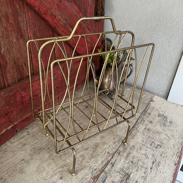 Vintage Brass Magazine Rack With Mid-Century Modern Design Wire Frame For Sale - Image 10 of 13