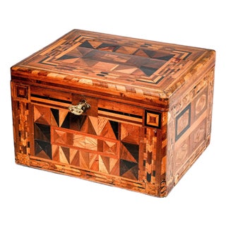 Impressive Large Inlaid Wood Pattern Antique Victorian 19th Century Box With Key Home Decor For Sale