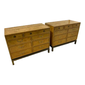 1950’s John Widdicomb Burled Bachelor Chests With Campaign Style Brass Hardware, a Pair