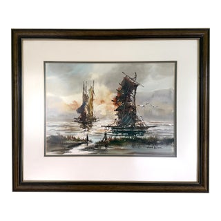 Original Hoe Won Watercolor Harbor Scene For Sale