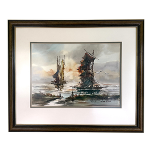 Original Hoe Won Watercolor Harbor Scene