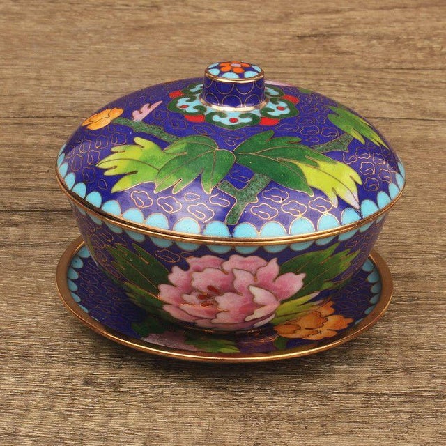 Late 20th Century Vintage Cloisonné Enamel Lidded Bowls With Saucers – Floral & Bird Motif - Set of 4 For Sale - Image 5 of 18