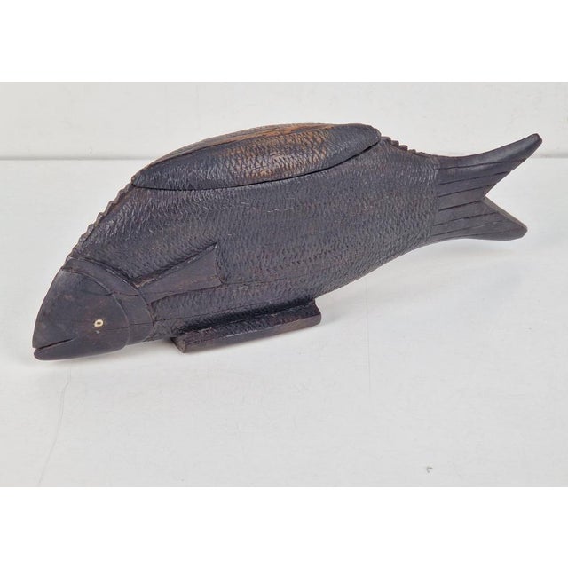 Vintage Carved Ebony Wood Box with Lid in the Shape of a Fish Authentic Wooden Hand Carved Holmeen Fish Shaped Storage...