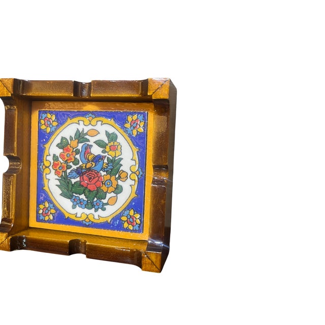 Rustic Hand-Painted Medallion Ceramic Ashtray, 1980s For Sale - Image 3 of 11