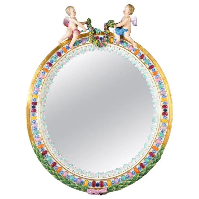 Large Oval Wall Mirror with Winged Cupids from Meissen, 1860 For Sale - Image 9 of 9