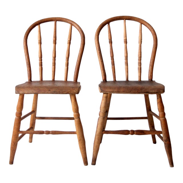 Antique Farmhouse Bow Back Dining Chairs Pair For Sale