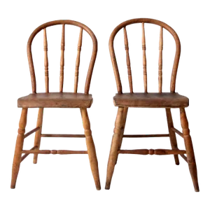 Antique Farmhouse Bow Back Dining Chairs Pair