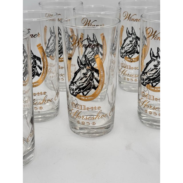 Glass Vintage Mint Julep Gillette Horseshoe Winner Glasses 1956 Horse Motif Barware -Set of 8 For Sale - Image 7 of 7