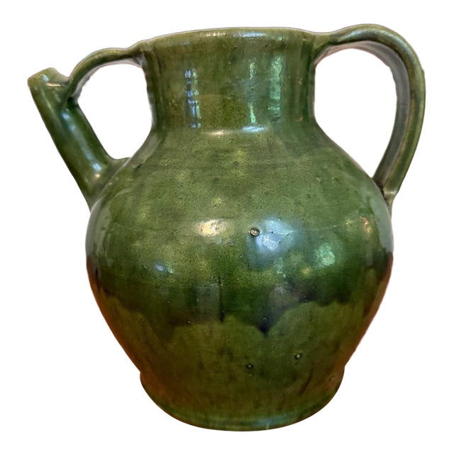 French Antique Pottery Green Glaze Ceramic Jug Earthenware Confit Vessel Cruche For Sale