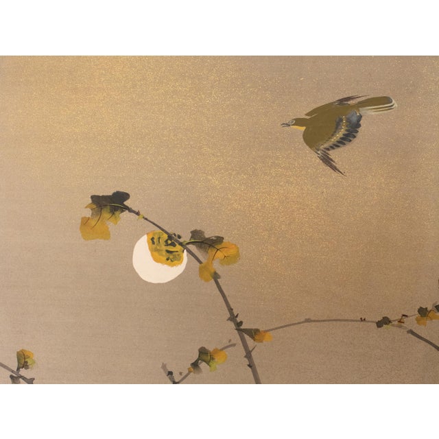 "Sparrows and Persimmon", Showa Era Japanese Yamato-E Style Byobu Screen For Sale - Image 10 of 18
