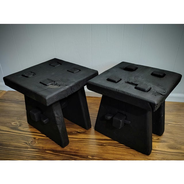Black Yakisugi -Shou Sugi Ban Charred Barnwood Stool, Reclaimed Accent Table, Wabi Sabi Plant Stand For Sale - Image 8 of 13