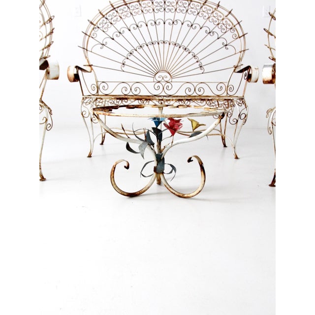 French Country Antique Wrought Iron Peacock Garden Furniture Collection of 4 For Sale - Image 3 of 12