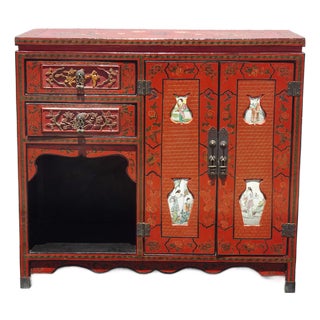 Vintage Chinese Asian Red Lacquer Storage Cabinet W Stone Decorative Inlay For Sale