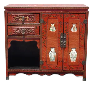 Vintage Chinese Asian Red Lacquer Storage Cabinet W Stone Decorative Inlay