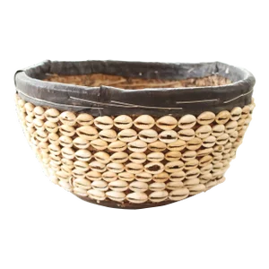Antique African Shell & Leather Rattan Basket/Tribal Handmade