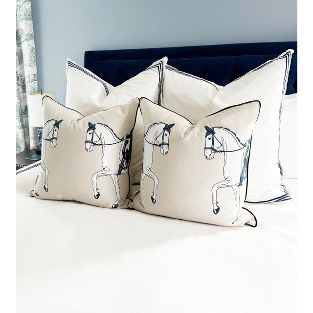 American Marching Horses 20" Throw Pillow, Cream With Navy Trim For Sale - Image 3 of 5