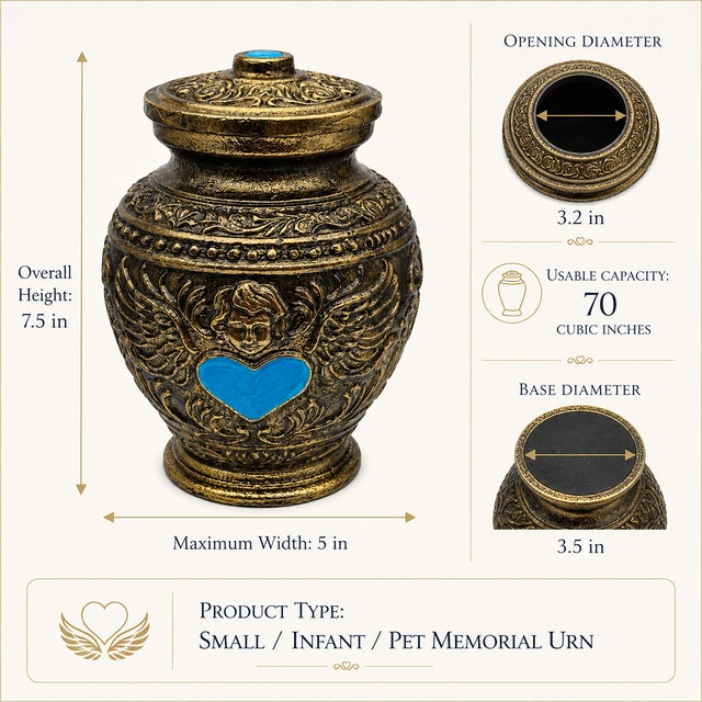 Aura Angel Wings Turquoise Heart Keepsake Cremation Urn Metal Antique Finish For Sale - Image 4 of 10