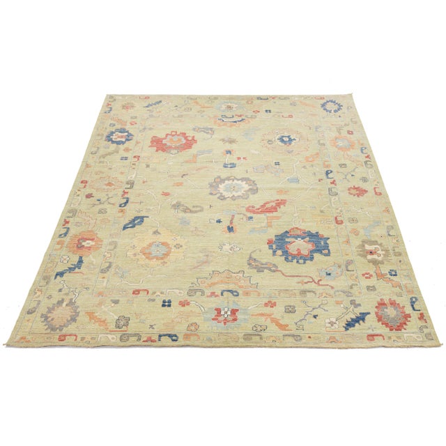 Modern Oushak Style Hand-Knotted Wool Area Rug – Sage Green & Multi 12x16 For Sale - Image 10 of 11