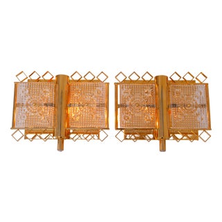 Wall-Mounted Sconces in Glass and Brass Lamps by Carl Fagerlund for Orrefors, Sweden, 1970s, Set of 2 For Sale