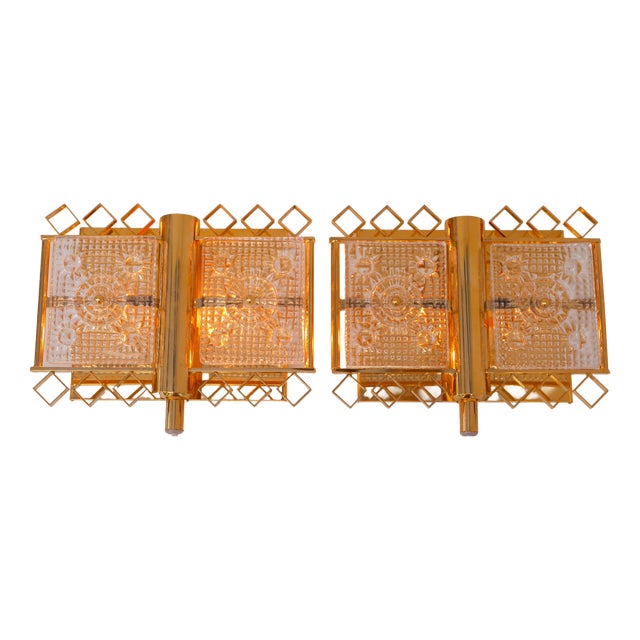Wall-Mounted Sconces in Glass and Brass Lamps by Carl Fagerlund for Orrefors, Sweden, 1970s, Set of 2 For Sale