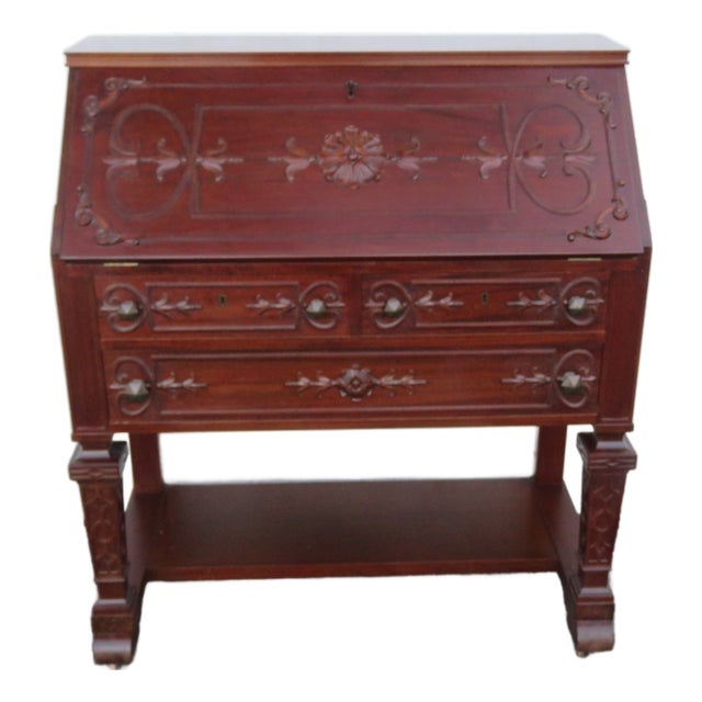 Early 1900s Carved Solid Mahogany Secretary Desk 6201 For Sale