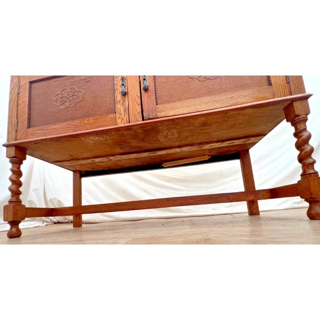 Early 20th Century English Jacobean Revival Carved Oak Buffet, Credenza Barley Twist Legs, Mirror For Sale - Image 15 of 15