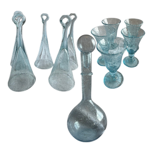 Mid-Century Modern French Biot Blue Bubble Glass Decanter & Stem Glass Set for 10, Circa 1970s