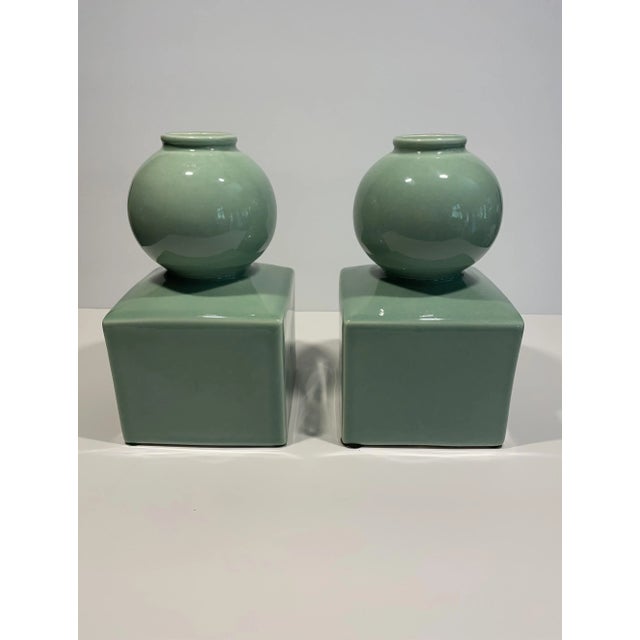 Celedon Ceramic Vases or Bookends in the Style of Serena & Lily - a Pair For Sale - Image 4 of 11