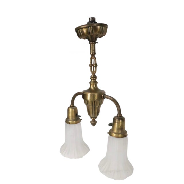 Early Electric Brass and Glass Two Arm Light Fixture C. 1900/20's For Sale - Image 10 of 18