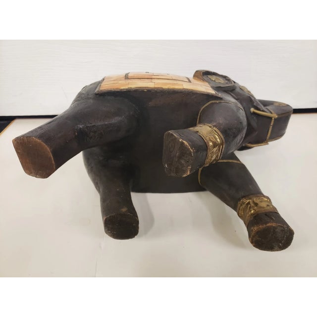 Brown Indian Traditional Wedding Style Wood Elephant Statue With Brass & Bone Accents (1960s/1970s) For Sale - Image 8 of 9