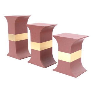 Grasscloth Wrapped Three Mid Century Modern Pink Lacquer Brass Trim Pedestals For Sale