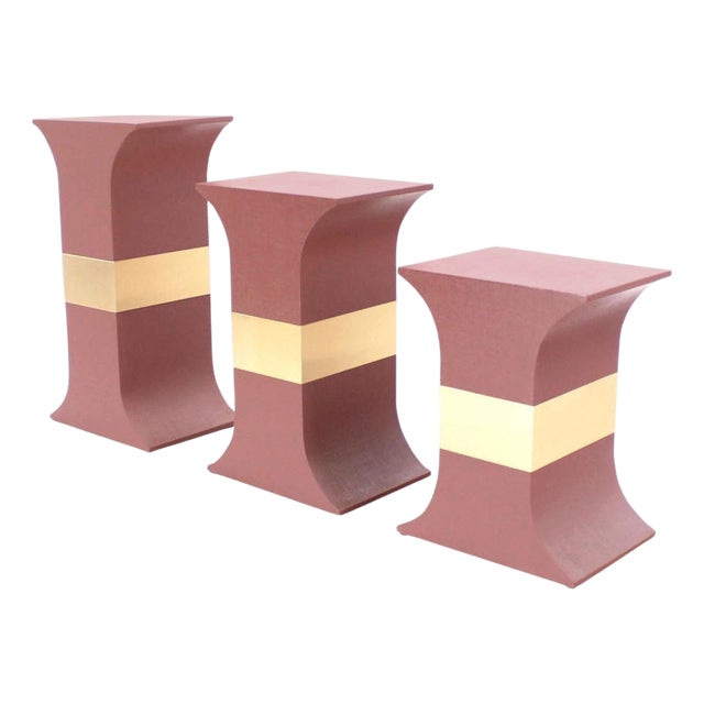 Grasscloth Wrapped Three Mid Century Modern Pink Lacquer Brass Trim Pedestals For Sale