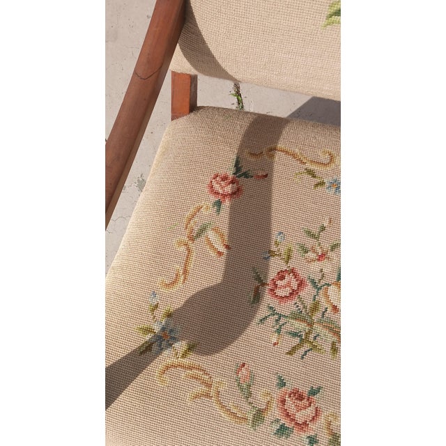 Tan Antique Victorian Needlepoint Armchair Floral Tapestry Accent Chair For Sale - Image 8 of 16