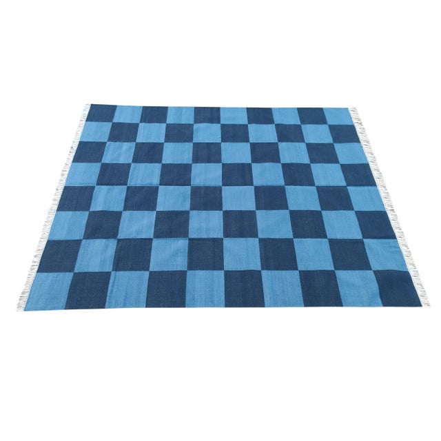 Sky Blue Handmade Vegetable Dyed Woolen Checked Pattern Rug Sky Blue and Navy Blue - 8x10 For Sale - Image 8 of 8