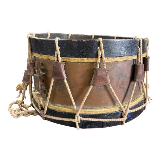 Mid-19th Century Brass Rope-Tension Military Drum With Original Paint | European Side Drum For Sale