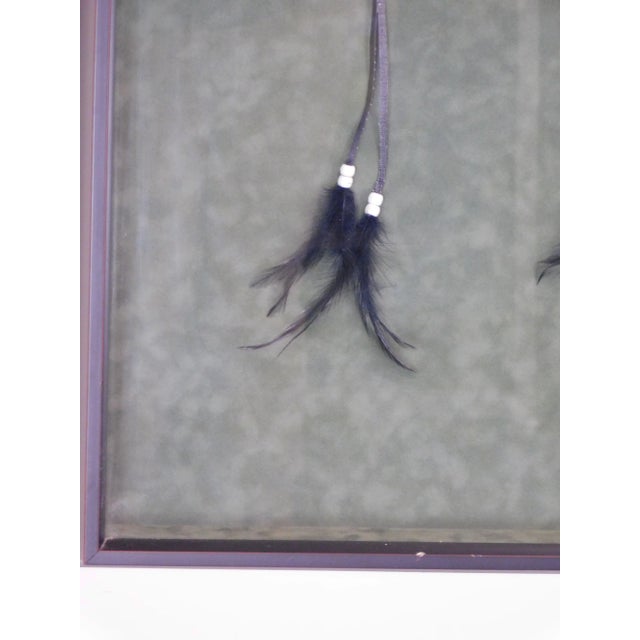 Black Hand Crafted Mardi Gras Mask With Peacock Feathers and Beaded Ties, Framed For Sale - Image 8 of 12