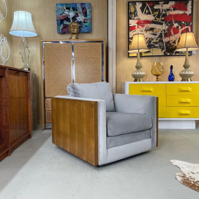Milo Baughman Restored 1970s Milo Baughman Style Gray Cube Chair With Wood Sides For Sale - Image 4 of 11