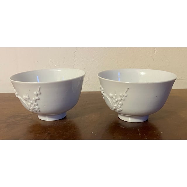 White Antique 19th Century Chinese Export Blanc De Chine Porcelain Tea Cups or Bowls With Relief Molded Flowering Prunus Branches - A Pair For Sale - Image 8 of 12