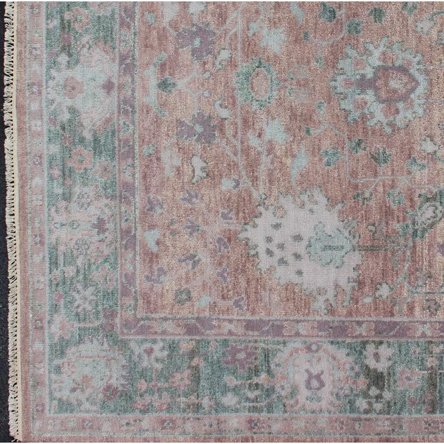 Traditional Square Oushak Design Rug in Light Green, Pink and Coral With All-Over Design For Sale - Image 3 of 11