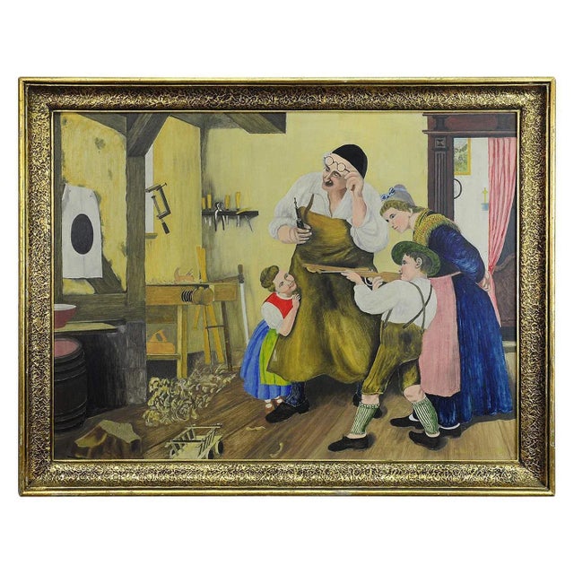 W. Melchinger, Bavarian Folksy Scene in Joinery, Oil on Cardboard For Sale - Image 6 of 6